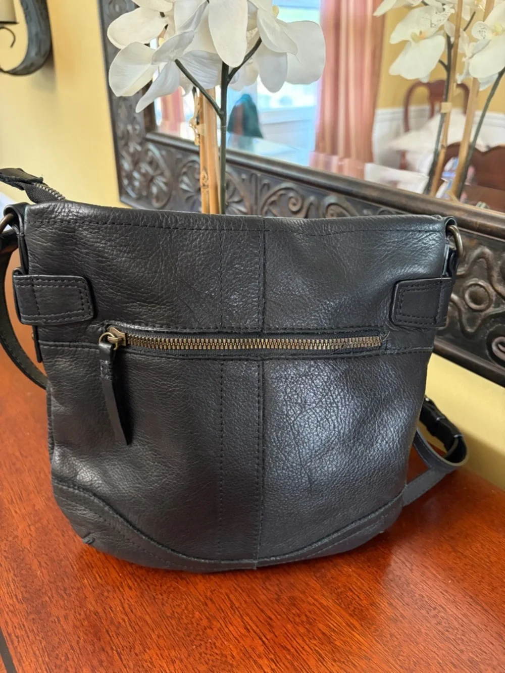 American Leather Co Elton Crossbody Bag Black Antiqued Gold Chain Accent